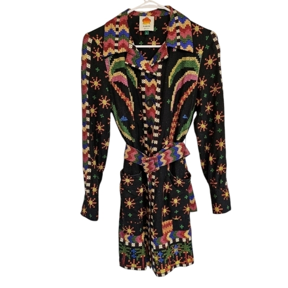 FARM Rio Macaw Night Long Sleeve Linen Blend Geometric Rainbow Print Button Down - Picture 1 of 12